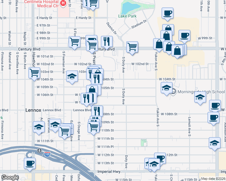 map of restaurants, bars, coffee shops, grocery stores, and more near 3838 West 105th Street in Inglewood