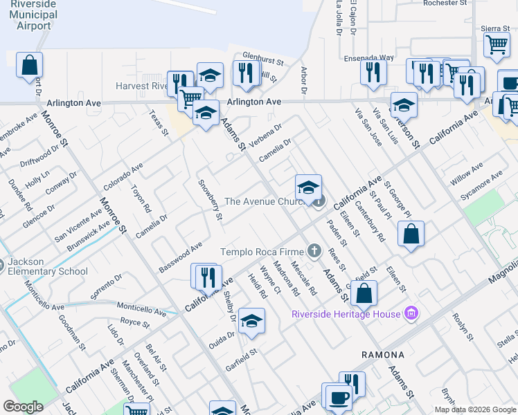 map of restaurants, bars, coffee shops, grocery stores, and more near 8354 Basswood Avenue in Riverside