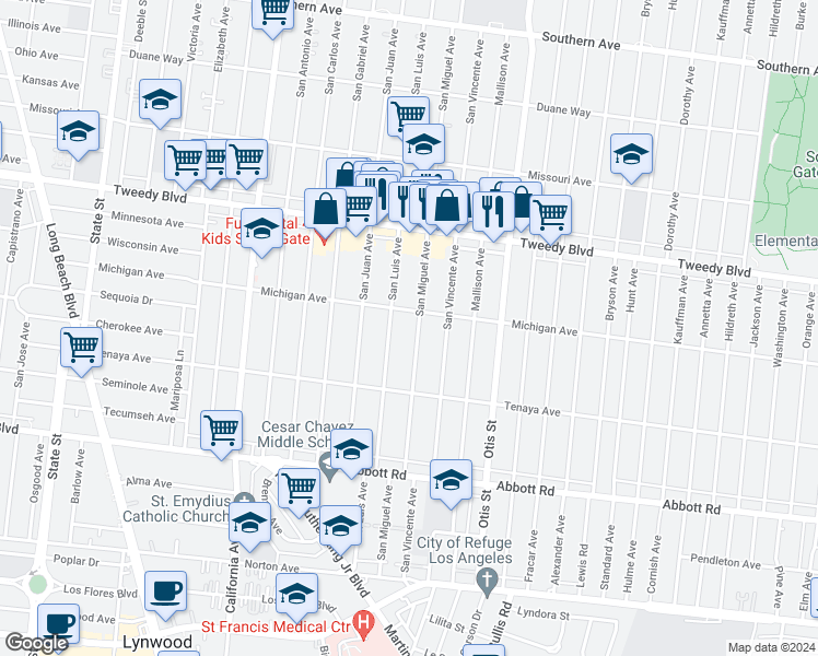 map of restaurants, bars, coffee shops, grocery stores, and more near 10227 San Miguel Avenue in South Gate