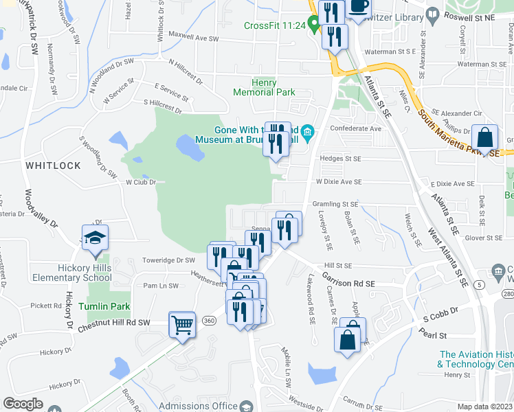 map of restaurants, bars, coffee shops, grocery stores, and more near 120 Senna Street in Marietta