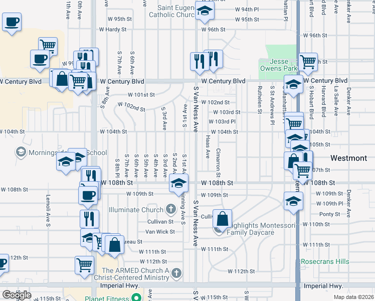 map of restaurants, bars, coffee shops, grocery stores, and more near 10512 South 1st Avenue in Inglewood