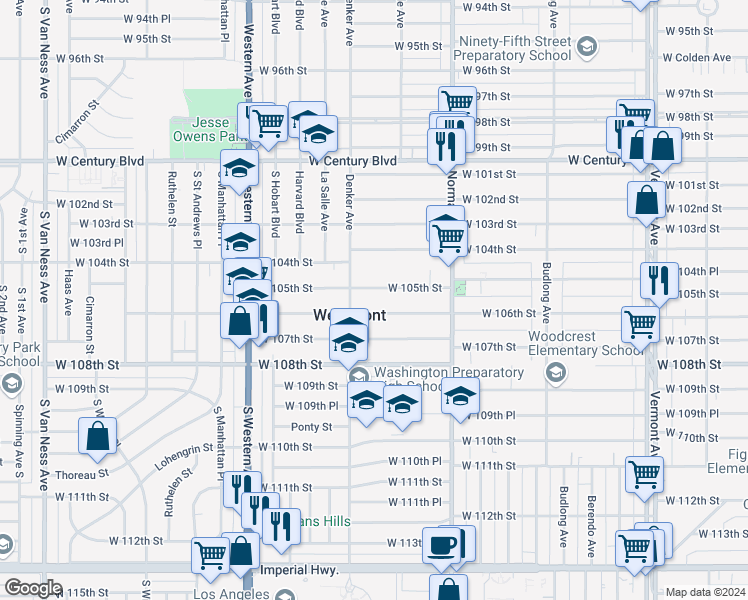 map of restaurants, bars, coffee shops, grocery stores, and more near 1534 West 105th Street in Los Angeles