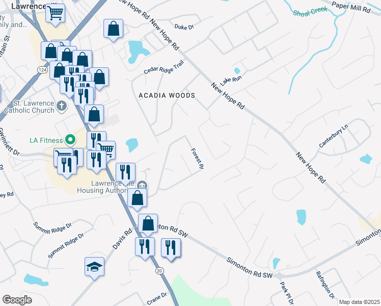 map of restaurants, bars, coffee shops, grocery stores, and more near 132 Forest Place in Lawrenceville
