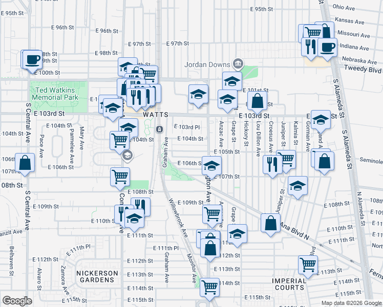 map of restaurants, bars, coffee shops, grocery stores, and more near 1806 East 105th Street in Los Angeles