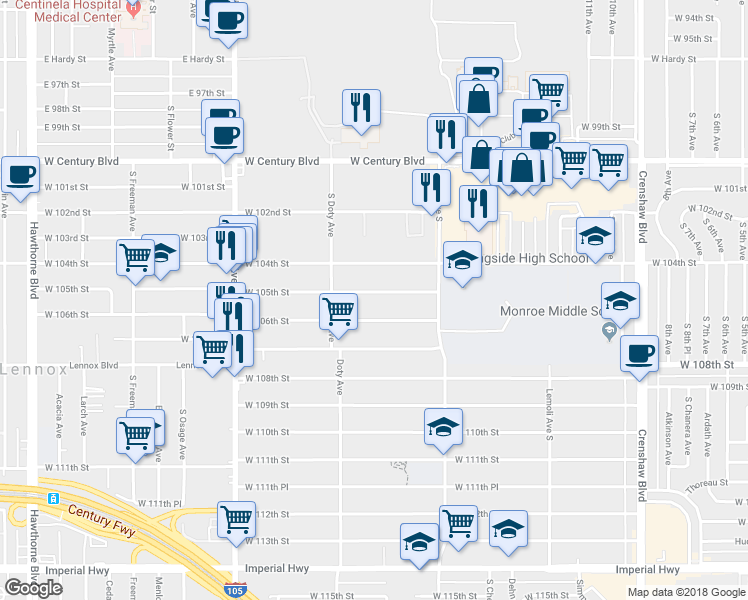 map of restaurants, bars, coffee shops, grocery stores, and more near 3708 West 105th Street in Inglewood