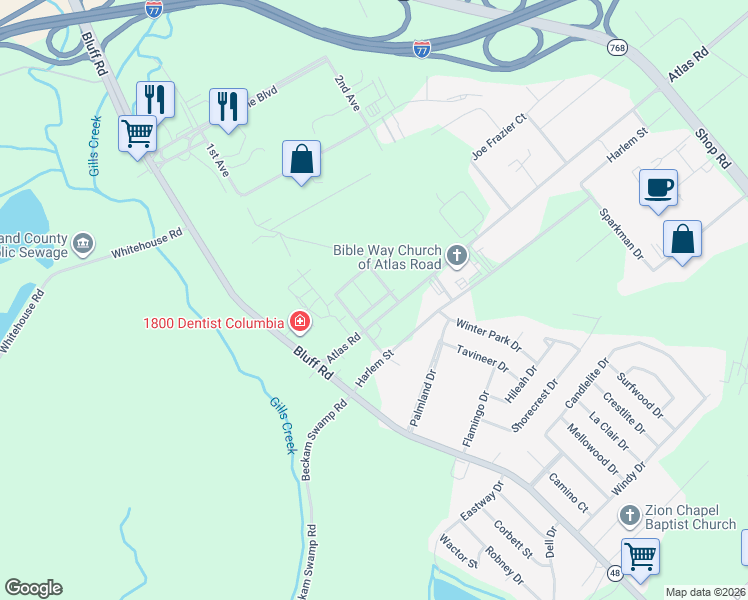 map of restaurants, bars, coffee shops, grocery stores, and more near 200 Jerri Lane in Columbia