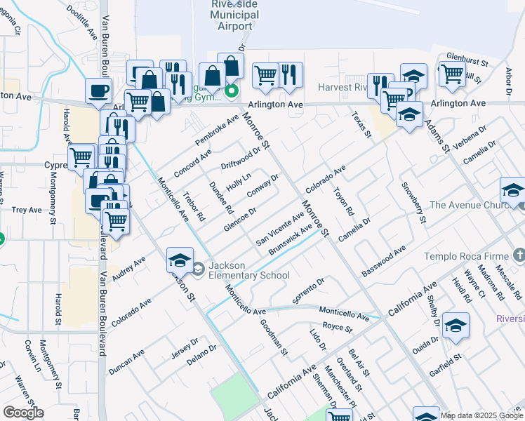 map of restaurants, bars, coffee shops, grocery stores, and more near 8798 Glencoe Drive in Riverside