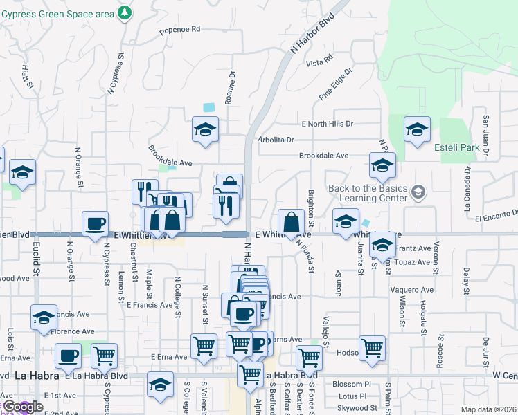 map of restaurants, bars, coffee shops, grocery stores, and more near 900950 North Harbor Boulevard in La Habra