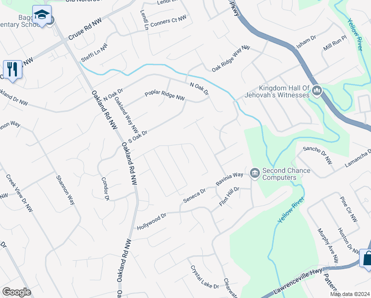map of restaurants, bars, coffee shops, grocery stores, and more near 579 Granite Court Northwest in Lawrenceville