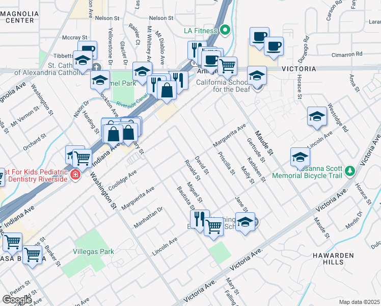 map of restaurants, bars, coffee shops, grocery stores, and more near 3130 David Street in Riverside