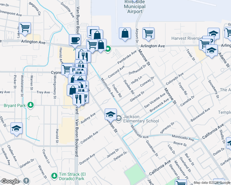 map of restaurants, bars, coffee shops, grocery stores, and more near 4738 Trebor Road in Riverside