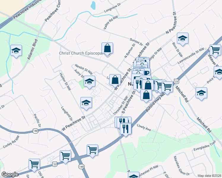 map of restaurants, bars, coffee shops, grocery stores, and more near 92 Autry Street Northwest in Norcross
