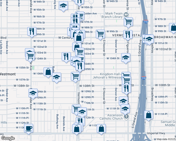 map of restaurants, bars, coffee shops, grocery stores, and more near 812 West 105th Street in Los Angeles