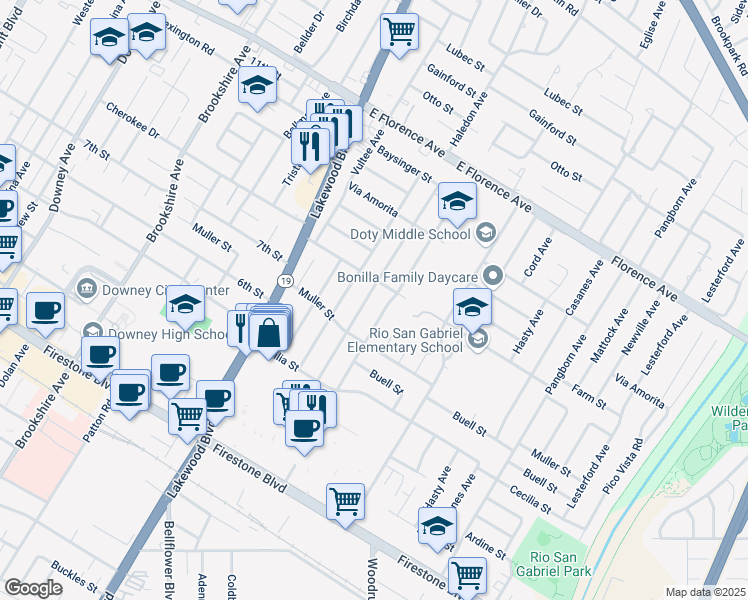 map of restaurants, bars, coffee shops, grocery stores, and more near 10515 Chaney Avenue in Downey