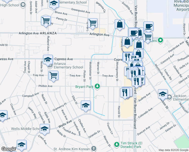 map of restaurants, bars, coffee shops, grocery stores, and more near 5816 Warren Street in Riverside