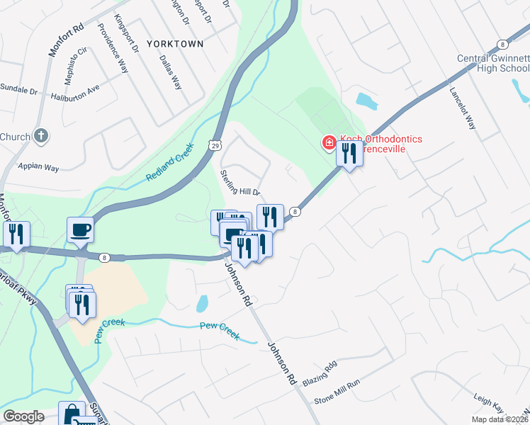 map of restaurants, bars, coffee shops, grocery stores, and more near 320 Sterling Hill Drive in Lawrenceville