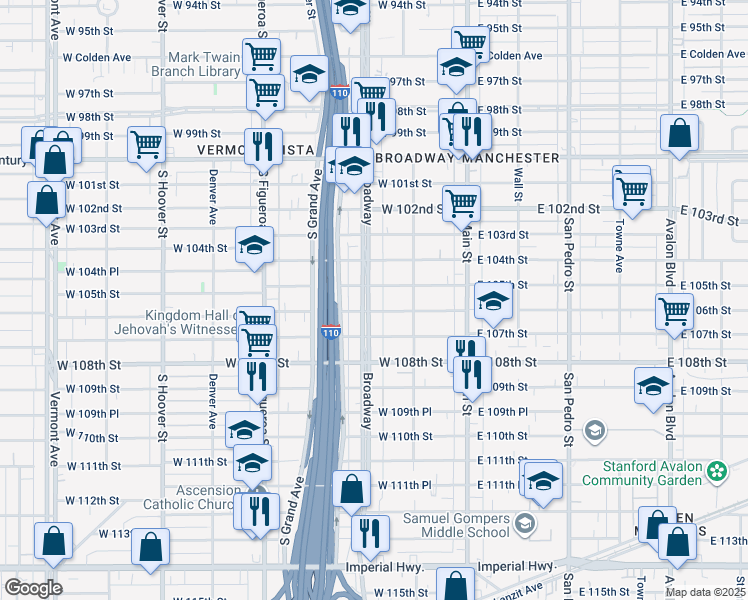 map of restaurants, bars, coffee shops, grocery stores, and more near 10516 South Broadway in Los Angeles