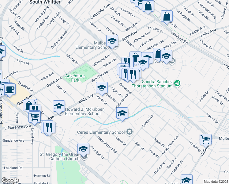 map of restaurants, bars, coffee shops, grocery stores, and more near 14128 Light Street in Whittier