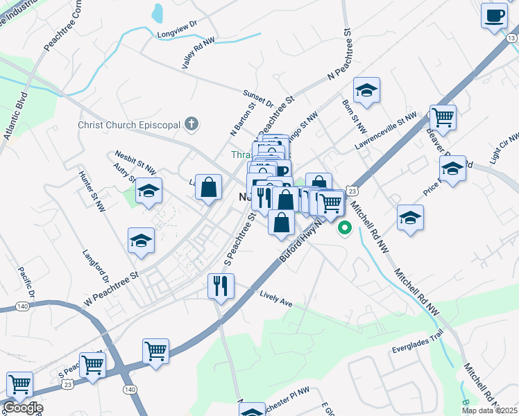 map of restaurants, bars, coffee shops, grocery stores, and more near 141 South Peachtree Street in Norcross
