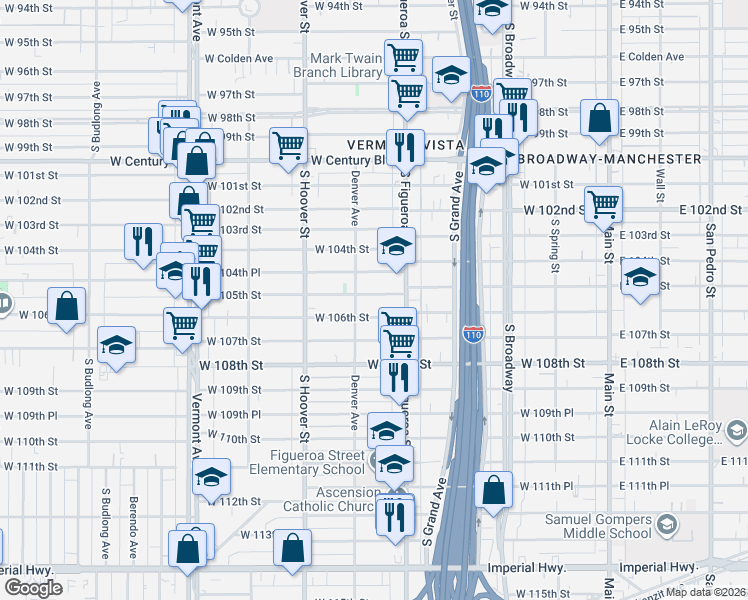 map of restaurants, bars, coffee shops, grocery stores, and more near 534 West 105th Street in Los Angeles