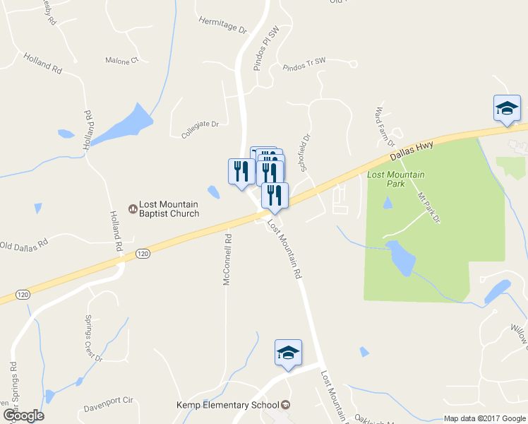 map of restaurants, bars, coffee shops, grocery stores, and more near 0 Mars Hill Road in Powder Springs