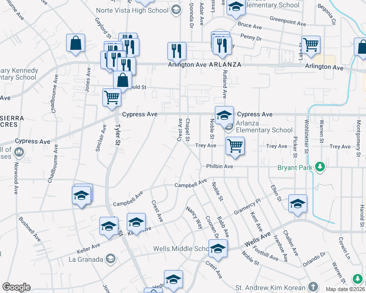 map of restaurants, bars, coffee shops, grocery stores, and more near 5772 Babb Avenue in Riverside