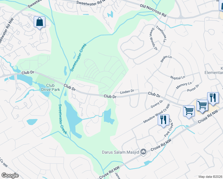 map of restaurants, bars, coffee shops, grocery stores, and more near 1170 Woodstream Drive in Lawrenceville