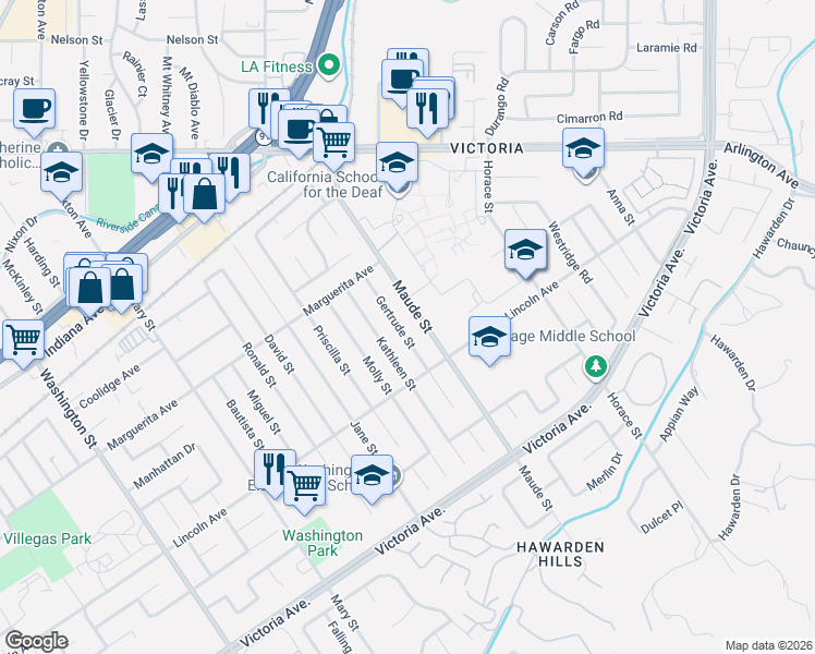 map of restaurants, bars, coffee shops, grocery stores, and more near 2981 Gertrude Street in Riverside