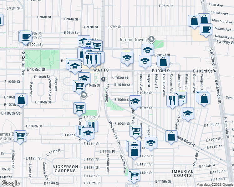map of restaurants, bars, coffee shops, grocery stores, and more near 1766 East 105th Street in Los Angeles