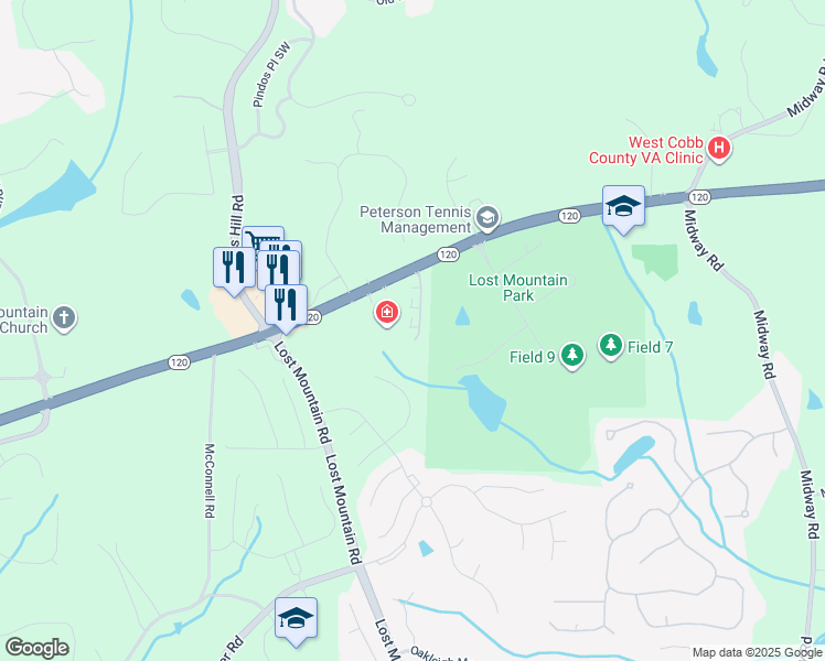 map of restaurants, bars, coffee shops, grocery stores, and more near 536 Mount Park Drive in Powder Springs