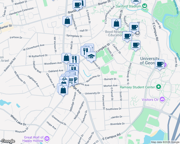 map of restaurants, bars, coffee shops, grocery stores, and more near 150 East Rutherford Street in Athens