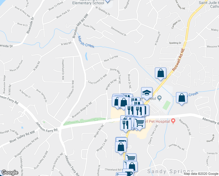 map of restaurants, bars, coffee shops, grocery stores, and more near 6785 Wright Road Northeast in Atlanta