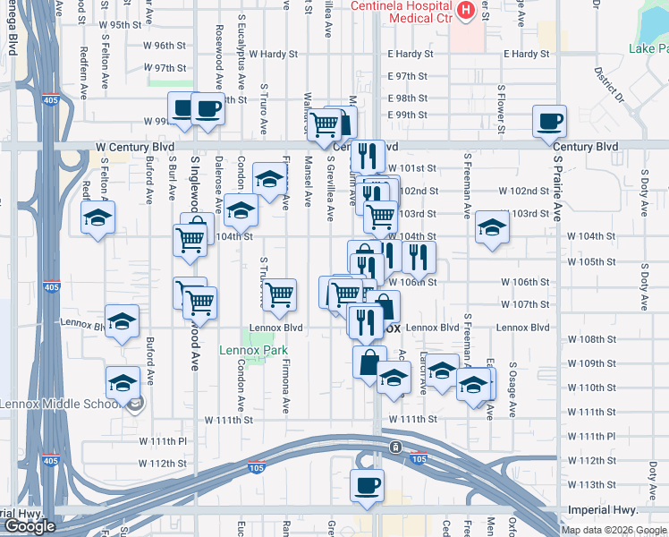 map of restaurants, bars, coffee shops, grocery stores, and more near 10520 South Grevillea Avenue in Lennox