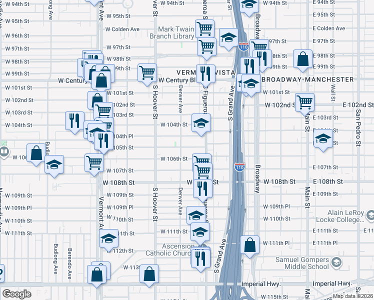 map of restaurants, bars, coffee shops, grocery stores, and more near 542 West 105th Street in Los Angeles