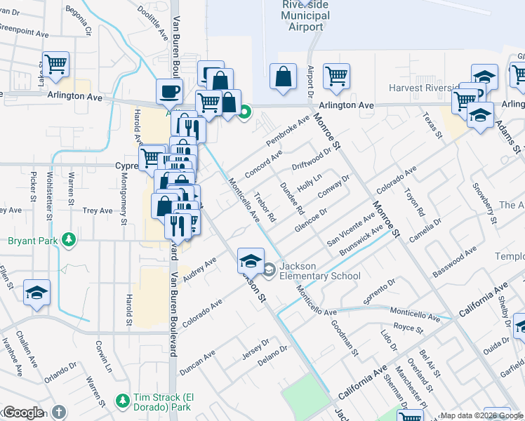 map of restaurants, bars, coffee shops, grocery stores, and more near 4738 Trebor Road in Riverside
