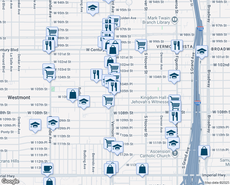 map of restaurants, bars, coffee shops, grocery stores, and more near 10500 South Vermont Avenue in Los Angeles