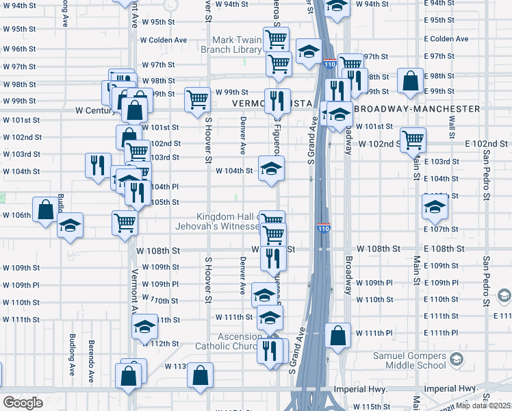 map of restaurants, bars, coffee shops, grocery stores, and more near 534 West 105th Street in Los Angeles