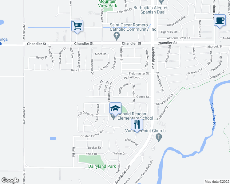 map of restaurants, bars, coffee shops, grocery stores, and more near 14413 Pintail Loop in Corona