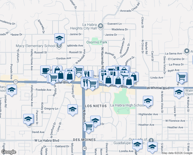 map of restaurants, bars, coffee shops, grocery stores, and more near 1740 Laguna Drive in La Habra