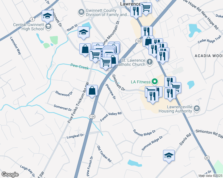 map of restaurants, bars, coffee shops, grocery stores, and more near 191 Pineview Drive in Lawrenceville
