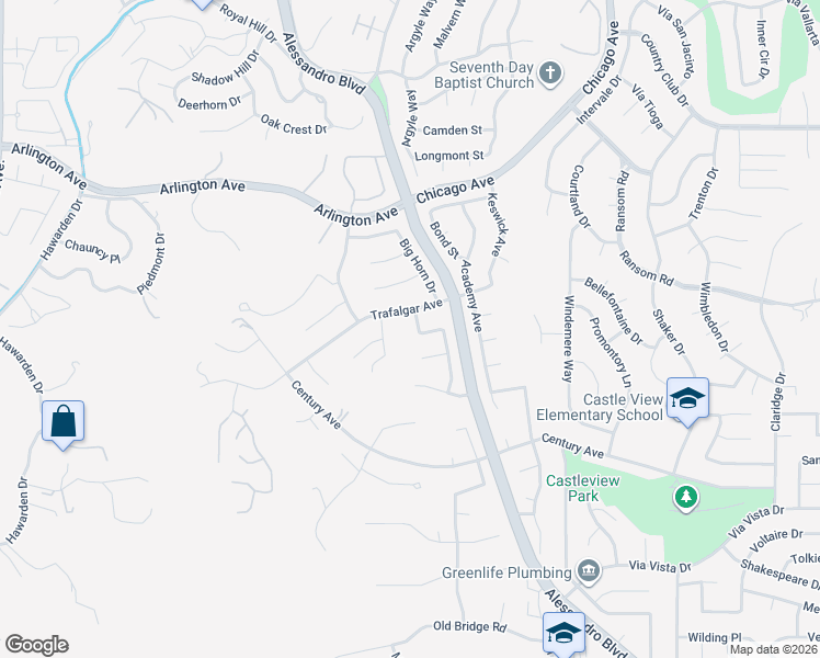 map of restaurants, bars, coffee shops, grocery stores, and more near 6149 Bluffwood Drive in Riverside