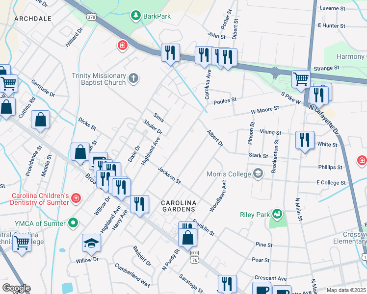 map of restaurants, bars, coffee shops, grocery stores, and more near 133 Carolina Avenue in Sumter