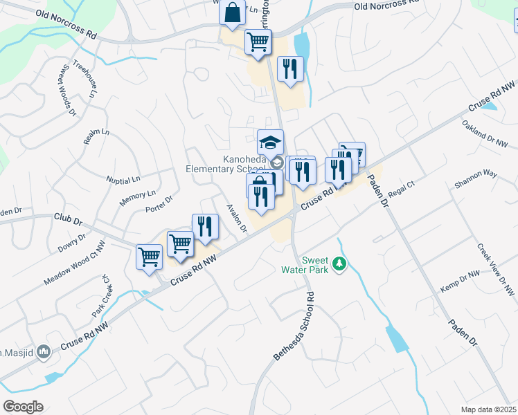 map of restaurants, bars, coffee shops, grocery stores, and more near 950 Herrington Road in Lawrenceville