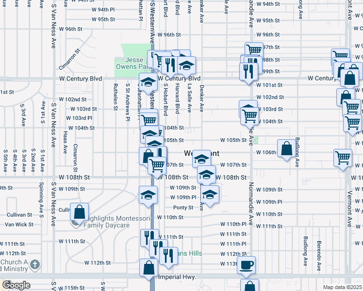 map of restaurants, bars, coffee shops, grocery stores, and more near 1648 West 105th Street in Los Angeles
