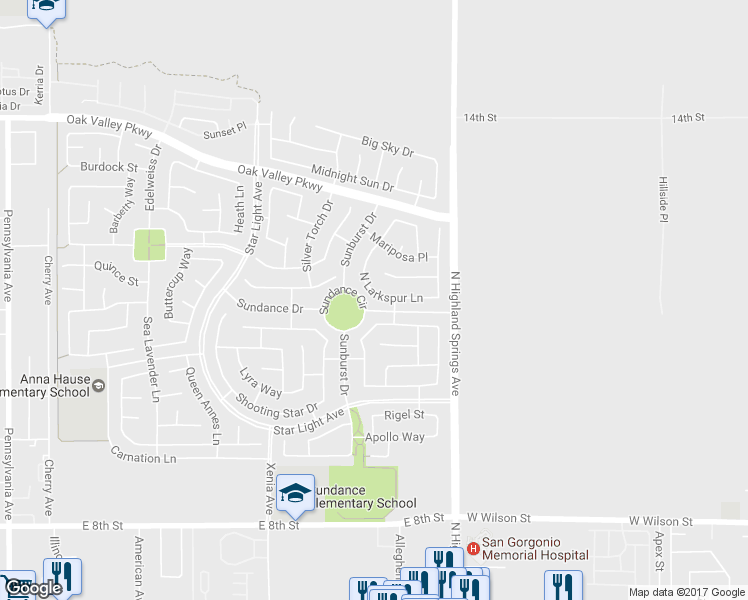 map of restaurants, bars, coffee shops, grocery stores, and more near 1215 North Larkspur Lane in Beaumont