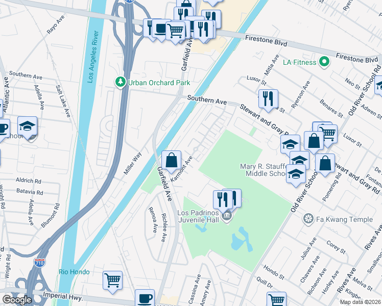 map of restaurants, bars, coffee shops, grocery stores, and more near 9873 Karmont Avenue in South Gate