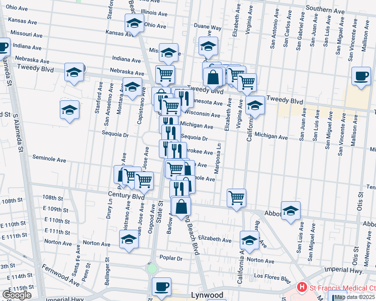 map of restaurants, bars, coffee shops, grocery stores, and more near 3290 Cherokee Avenue in South Gate