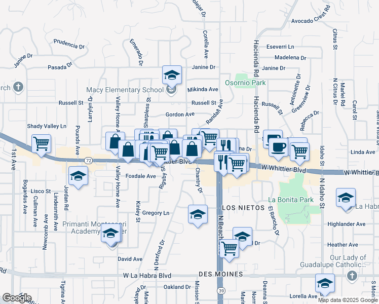 map of restaurants, bars, coffee shops, grocery stores, and more near 1362 Macy Street in La Habra