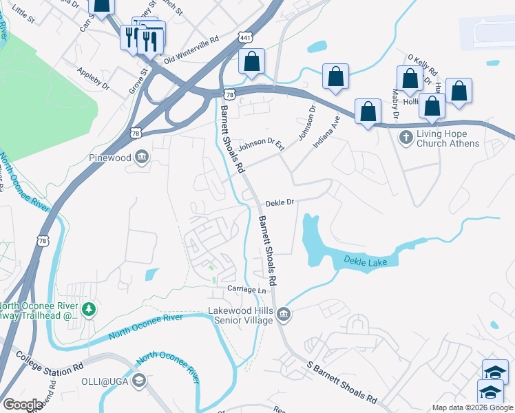 map of restaurants, bars, coffee shops, grocery stores, and more near 460 Barnett Shoals Road in Athens