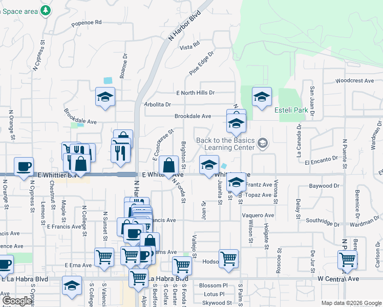 map of restaurants, bars, coffee shops, grocery stores, and more near 911 Nantucket Street in La Habra